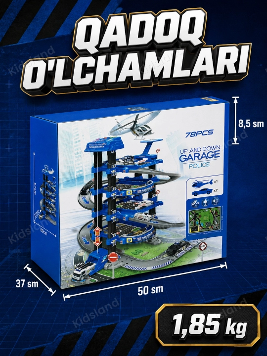 Ko'p qavatli o'yinchoq avtoturargoh — lift, spiral tushish, metall mashinalar, 3+