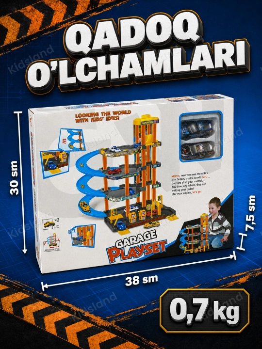 Ko'p qavatli o'yinchoq avtoturargoh — lift, spiral tushish, metall mashinalar, 3+