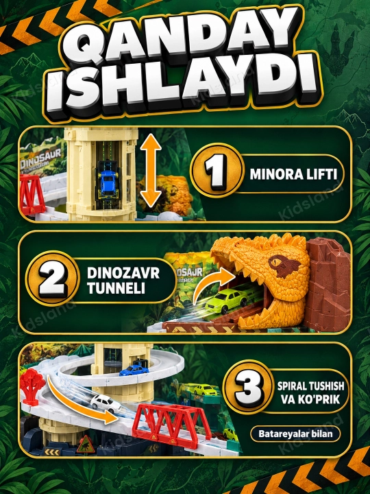 Ko'p qavatli o'yinchoq avtoturargoh — lift, spiral tushish, metall mashinalar, 3+