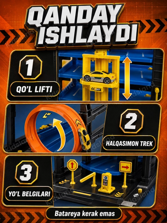 Ko'p qavatli o'yinchoq avtoturargoh — lift, spiral tushish, metall mashinalar, 3+
