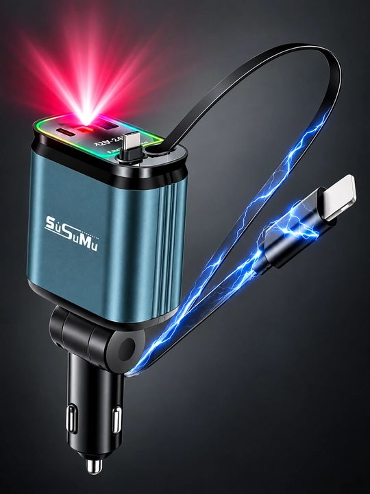 Avtomobil uchun tezkor zaryadlovchi adapter, tortib olinadigan kabelli, 12–24V