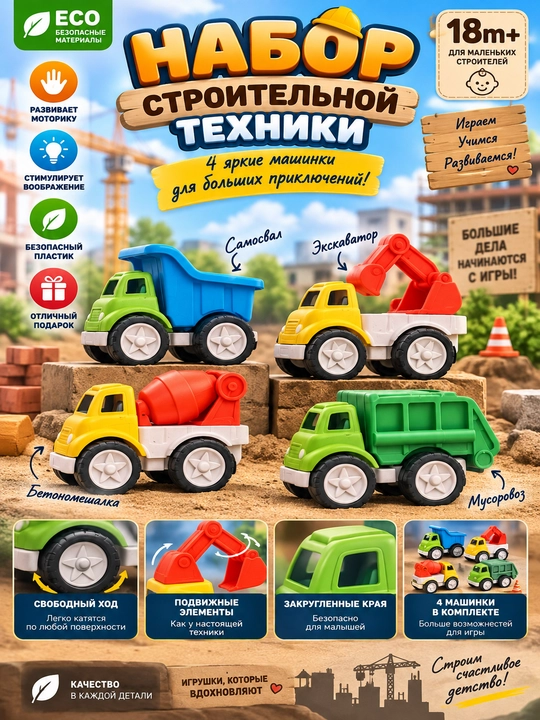 O‘yinchoq qurilish mashinalari to‘plami — 4 ta mashina