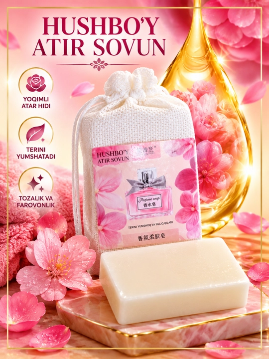 Atirli sovun, xushbo‘y qattiq sovun, 250 g, yoqimli hidli va quyuq ko‘pik hosil qiluvchi