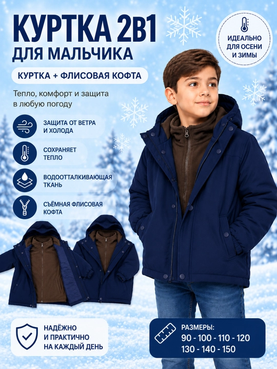 Куртка для мальчика, ветровка осенняя 2 в 1, с флисовой кофтой 90-150 - 
