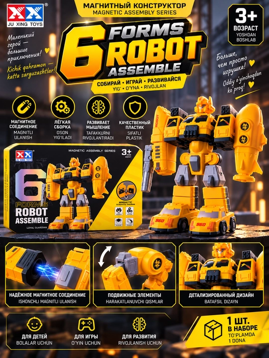 «6 tasi 1 da» magnitli robot-transformer konstruktori