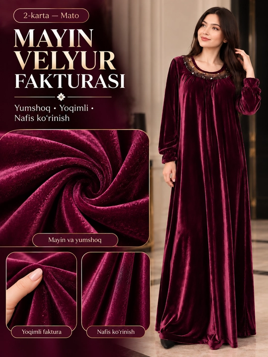 Ayollar uchun uzun velyur ko‘ylak, nafis bezakli, keng bichimli
