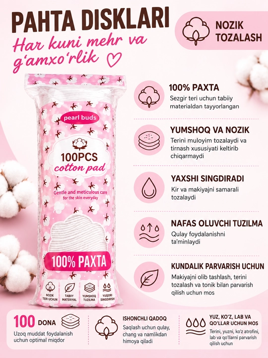 Koreya paxtali disklari, kosmetik, ikki tomonlama (100% paxta) — 100 va 150 dona