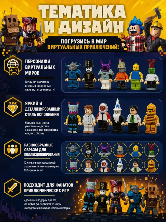 Minecraft va Roblox konstruktor o'yinchoqlar to'plami bolalar uchun figurkalar