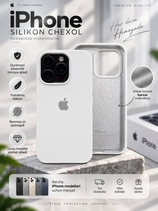 IPhone silikon, barxatli chexol — 11/12/13/14/15/16/17/18 Pro uchun