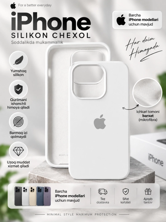 IPhone silikon, barxatli chexol — 11/12/13/14/15/16/17/18 Pro uchun