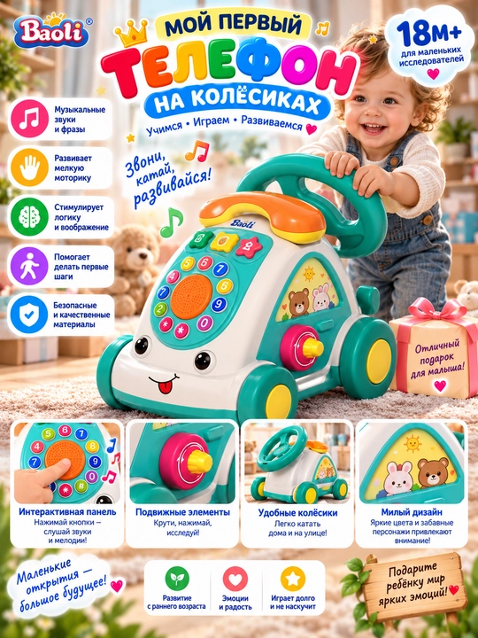 Baoli rivojlantiruvchi “G‘ildirakli telefon” o‘yinchog‘i, 18+ oy