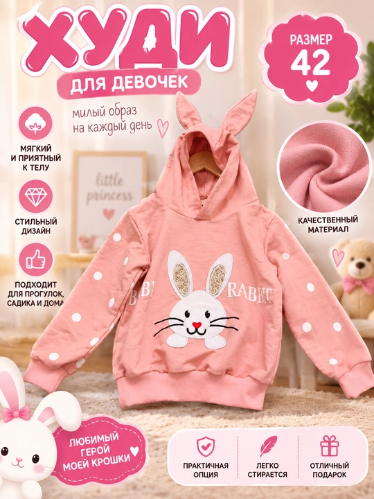 Baby Rabbit bolalar hudisi, quloqli model, yumshoq pushti rang, quyoncha naqshli, 42-o‘lcham - 