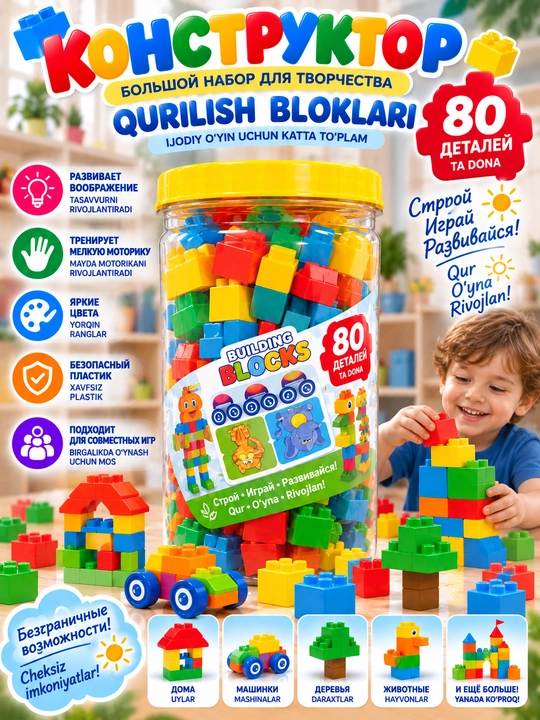 Bolalar uchun yirik detalli konstruktor 80 dona