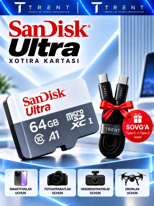 SanDisk Ultra microSD 16/64/128 GB xotira kartasi, A1, UHS-I, 100 MB/s gacha, fleshka