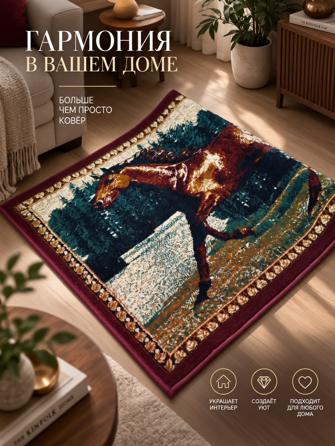 Otlar tasvirli dekorativ devoriy gilam 100×150 sm — akril, tuk 8 mm, uy interyeri uchun
