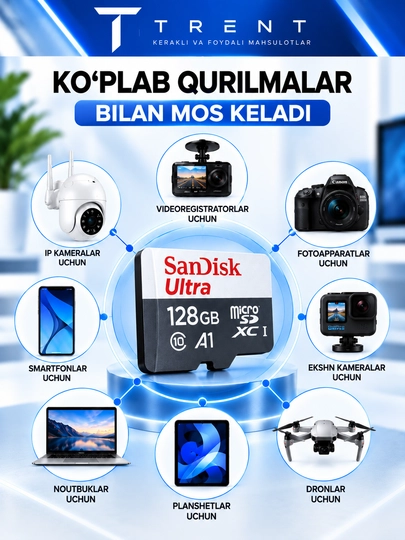 SanDisk Ultra microSD 16/64/128 GB xotira kartasi, A1, UHS-I, 100 MB/s gacha, fleshka