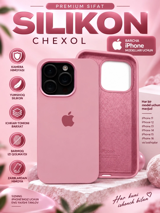 IPhone silikon, barxatli chexol — 11/12/13/14/15/16/17/18 Pro uchun