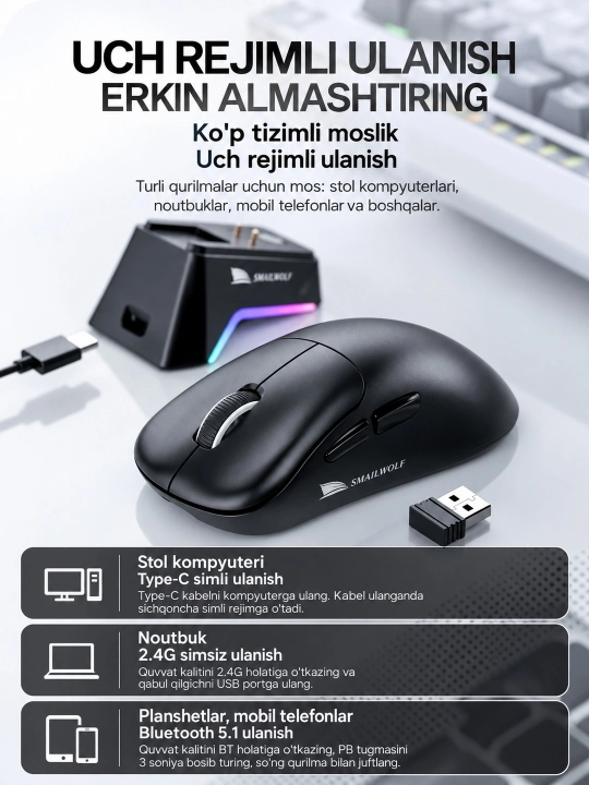 SMAILWOLF M5 3 rejimli simsiz sichqoncha, Bluetooth, 2.4G, Type-C