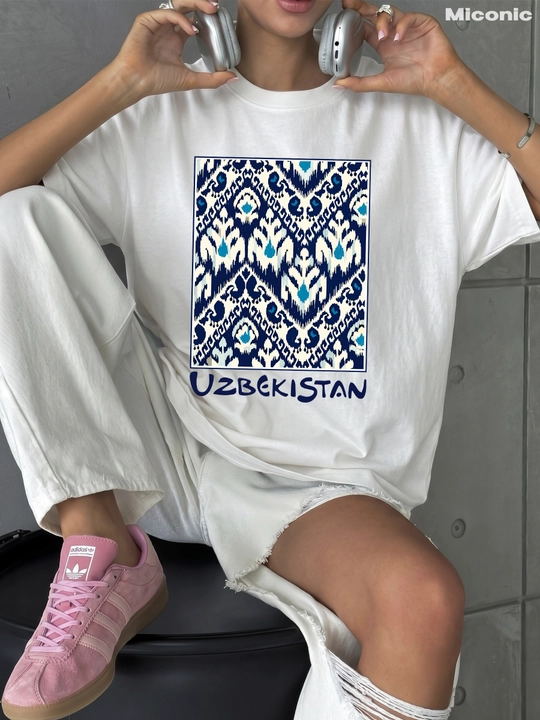Miconic oq oversayz futbolka, o‘zbek ikati va UZBEKISTAN yozuvi print bilan