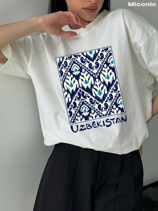 Miconic oq oversayz futbolka, o‘zbek ikati va UZBEKISTAN yozuvi print bilan