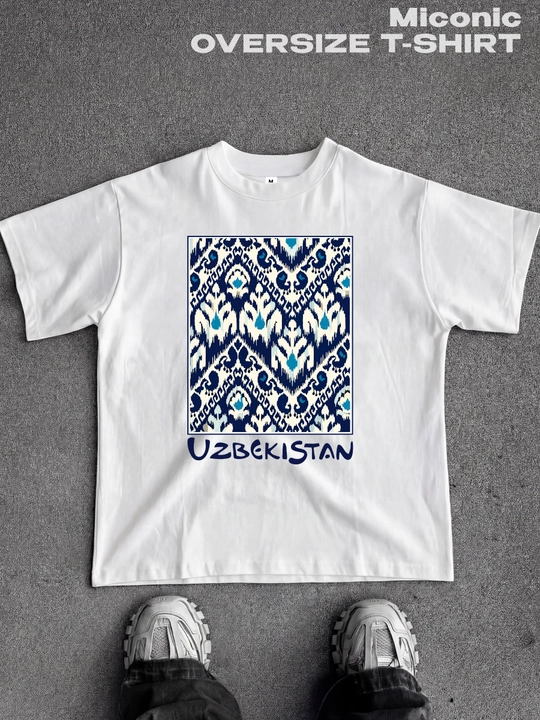 Miconic oq oversayz futbolka, o‘zbek ikati va UZBEKISTAN yozuvi print bilan - 