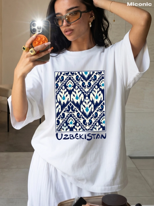 Miconic oq oversayz futbolka, o‘zbek ikati va UZBEKISTAN yozuvi print bilan