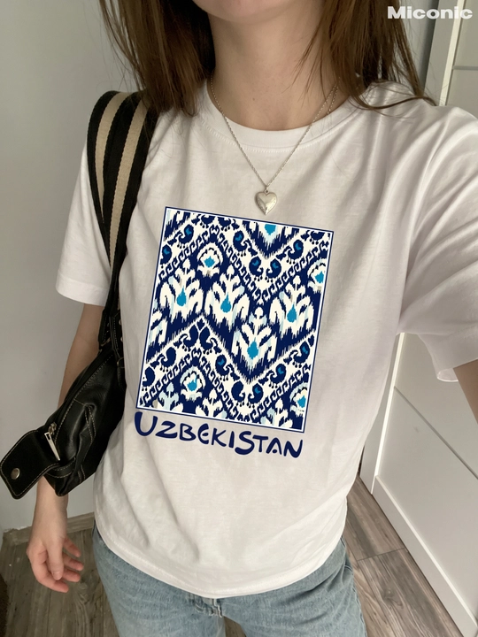 Miconic oq oversayz futbolka, o‘zbek ikati va UZBEKISTAN yozuvi print bilan
