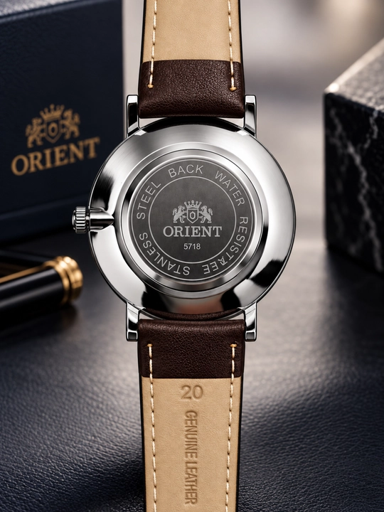 Orient мужские наручные часы, классический дизайн, кварцевый механизм, кожаный ремешок