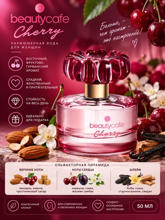 Ayollar uchun Beauty Caffe Cherry sharqona mevali-gurman iforli parfyumeriya suvi, 50 ml - 