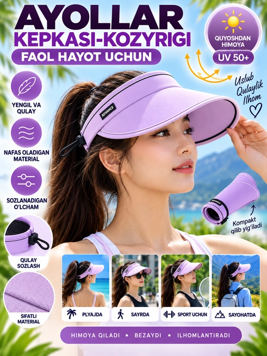 Ayollar kepkasi, UPF 50+, qora va oq rangda - 