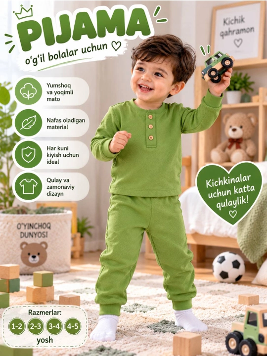 O‘g‘il bolalar pijamasi, kofta va shim komplekti, bolalar uy kiyimi 1–5 yosh - 
