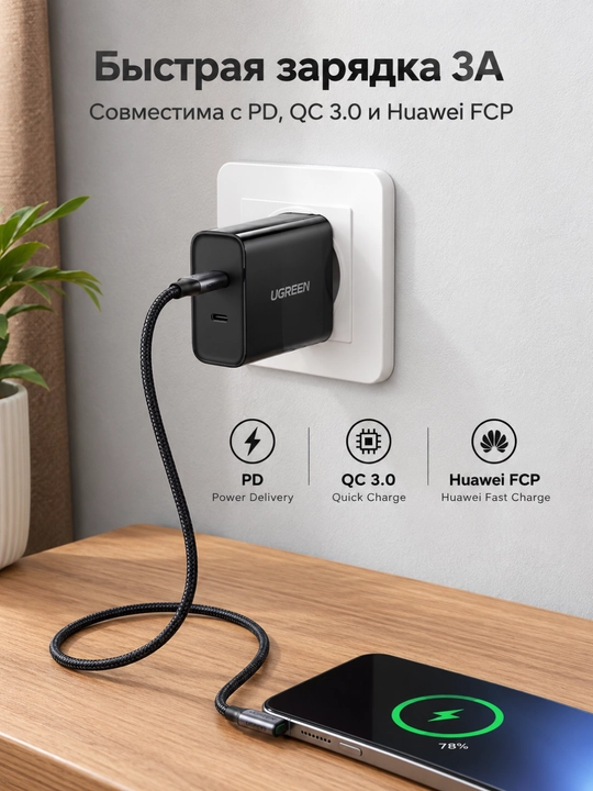 UGREEN 90-градусов Угловой кабель Type-C 60Вт Быстрая зарядка US255