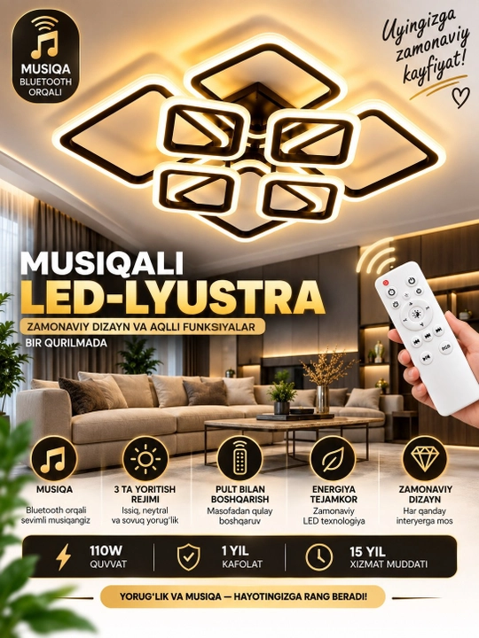 Люстра LED музыкальная потолочная Bluetooth с пультом 110W, 3 режима освещения, черная
