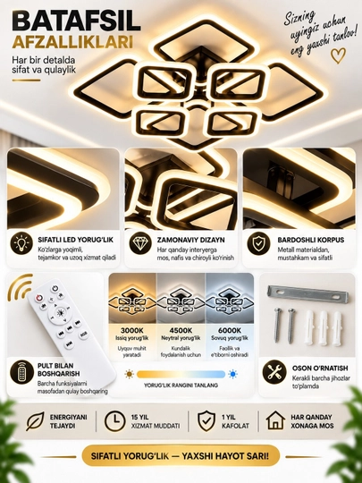 Люстра LED музыкальная потолочная Bluetooth с пультом 110W, 3 режима освещения, черная