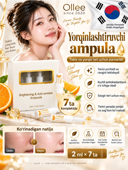 Ampula OLLEE yuz uchun vitamin C bilan teri rangini yorituvchi 2 ml x 7 dona