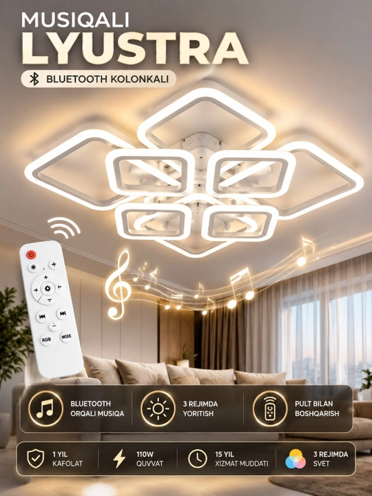 Люстра LED музыкальная потолочная Bluetooth с пультом 110W, 3 режима освещения, черная