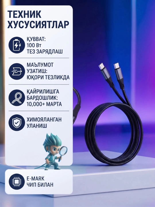 Type-C to Type-C mustahkam, tez zaryadlash va ma’lumot uzatish uchun 1 m
