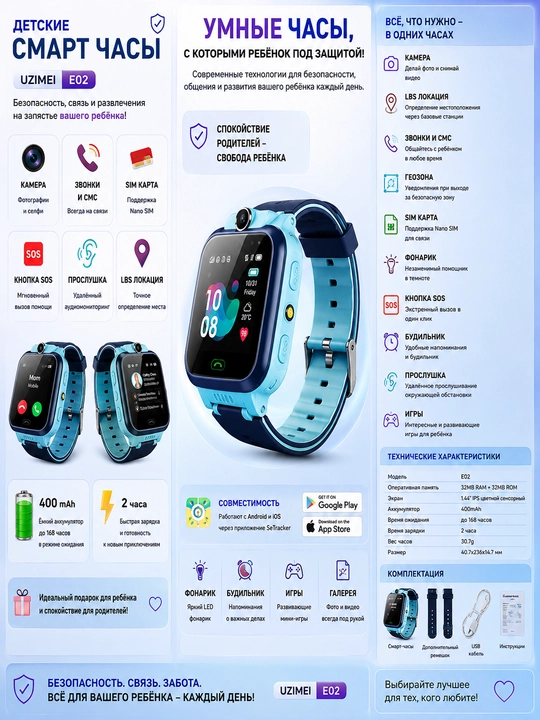 Детские смарт-часы с SIM-картой — умные часы для детей, звонки, SOS, GPS, камера