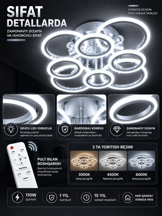 Люстра LED музыкальная потолочная Bluetooth с пультом 110W, 3 режима освещения, черная