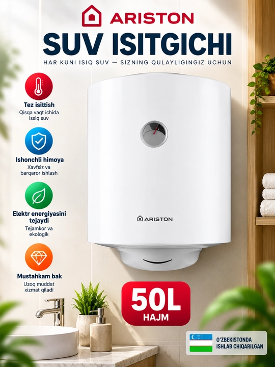 Ariston 50 l elektr suv isitgichi, devorga o‘rnatiladigan boyler - 