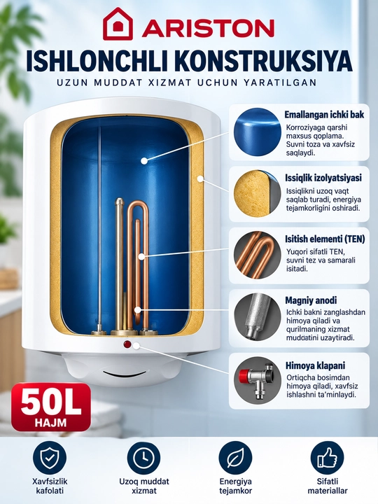 Ariston 50 l elektr suv isitgichi, devorga o‘rnatiladigan boyler