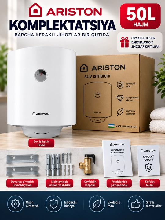 Ariston 50 l elektr suv isitgichi, devorga o‘rnatiladigan boyler