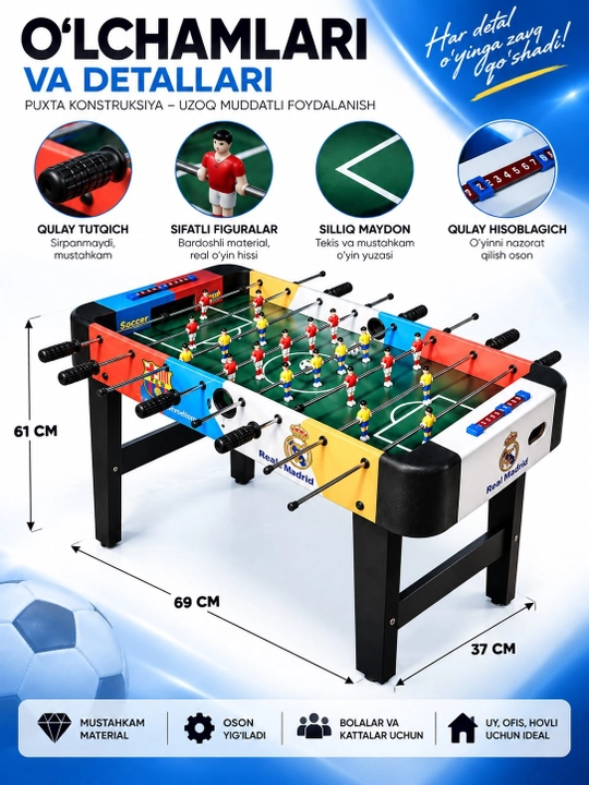 Stol futboli, Kicker o'yini, bolalar va kattalar uchun futbol stoli, 92x46x69.5 sm