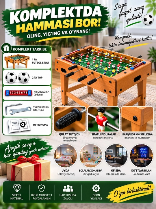 Stol futboli, Kicker o'yini, bolalar va kattalar uchun futbol stoli, 92x46x69.5 sm