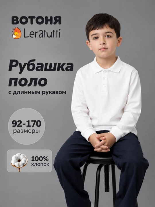 Leratutti o‘g‘il bolalar uchun uzun yengli polo, 100% paxta, 92–170 - 