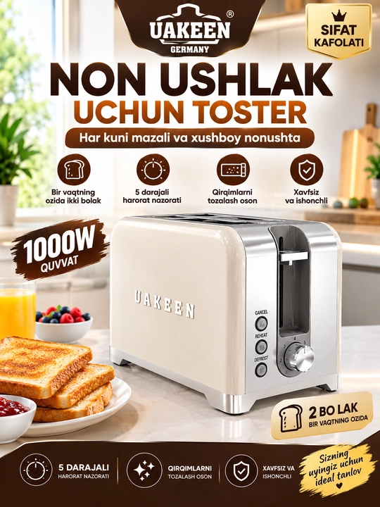 Uakeen Toster 1000W 2 Bo‘lakli Non Qizdirgich 5 Darajali Harorat Nazorati