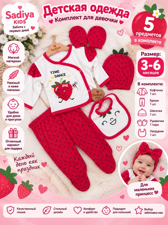 Детская одежда, Sadiya KIDS, комплект из 5 предметов, для девочки, 3-6 месяцев - 