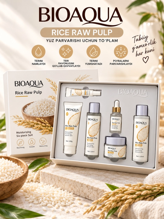 BIOAQUA Rice Raw Pulp yuz parvarishi to‘plami, 5-6 ta buyum, yo‘l formati - 