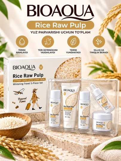 BIOAQUA Rice Raw Pulp yuz parvarishi to‘plami, 5-6 ta buyum, yo‘l formati - 