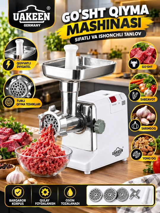 Uakeen Go‘sht Qiymalagich 2800W Kuchli Dvigatel Go‘sht Tovuq va Sabzavot uchun